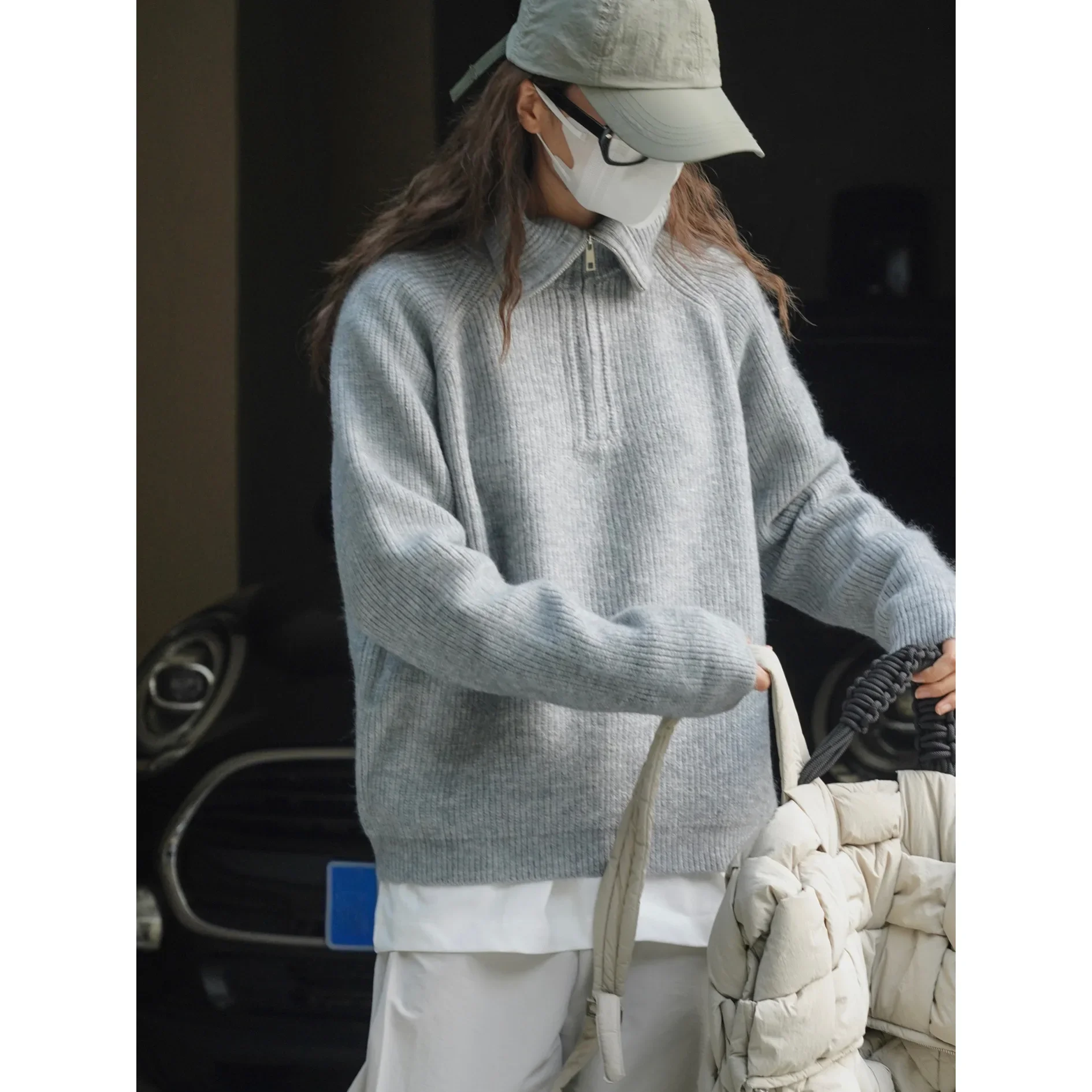 Winter new Korean style lazy half-breasted warm silhouette sweater casual loose soft and comfortable top for women