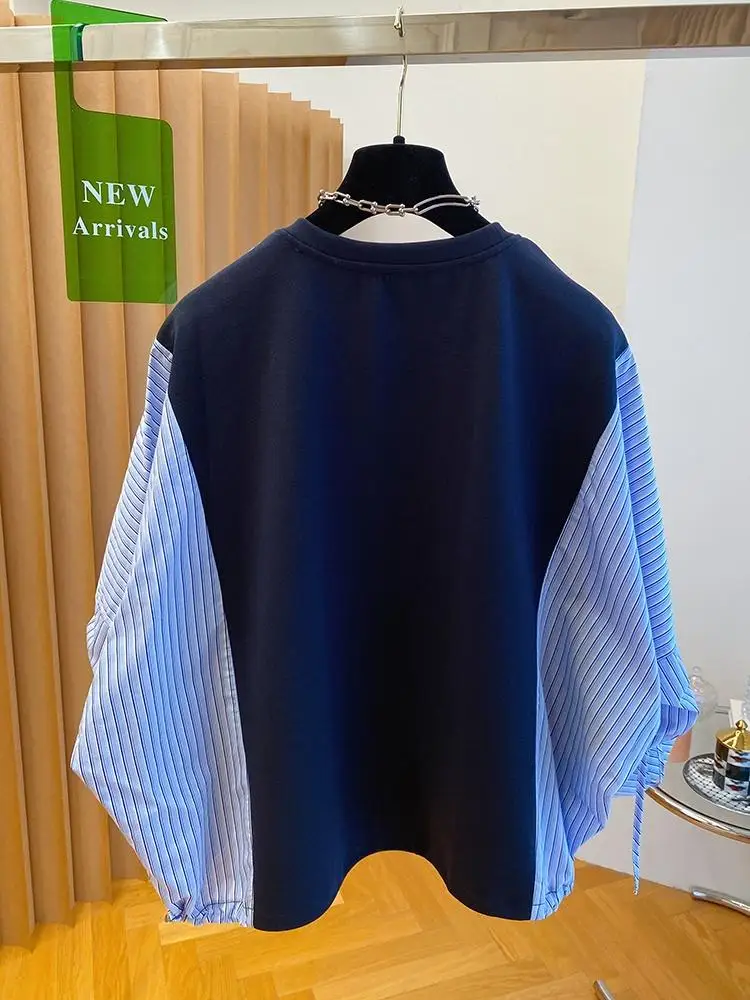 Camicia a righe firmate autunno 2025 Felpa con cappuccio con giunture a contrasto Camicetta da donna in stile pigro Top patchwork alla moda