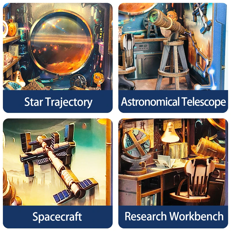 DIY Book Nook Institute of Astronomy sujetalibros Kit de modelo en miniatura de madera con luces Led estantería para amigos regalos de cumpleaños
