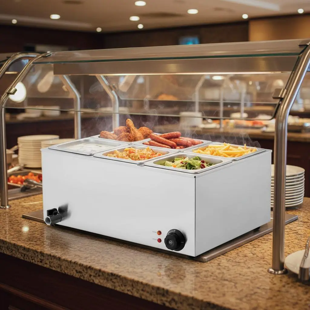 

Коммерческий реритмайзер для пищевых продуктов 24QT для кейтеринга, ресторанов и фуршетов, 6-секционный, 1200 Вт, профессиональный настольный байн-марэ, 86-185 ° Ф.Те.