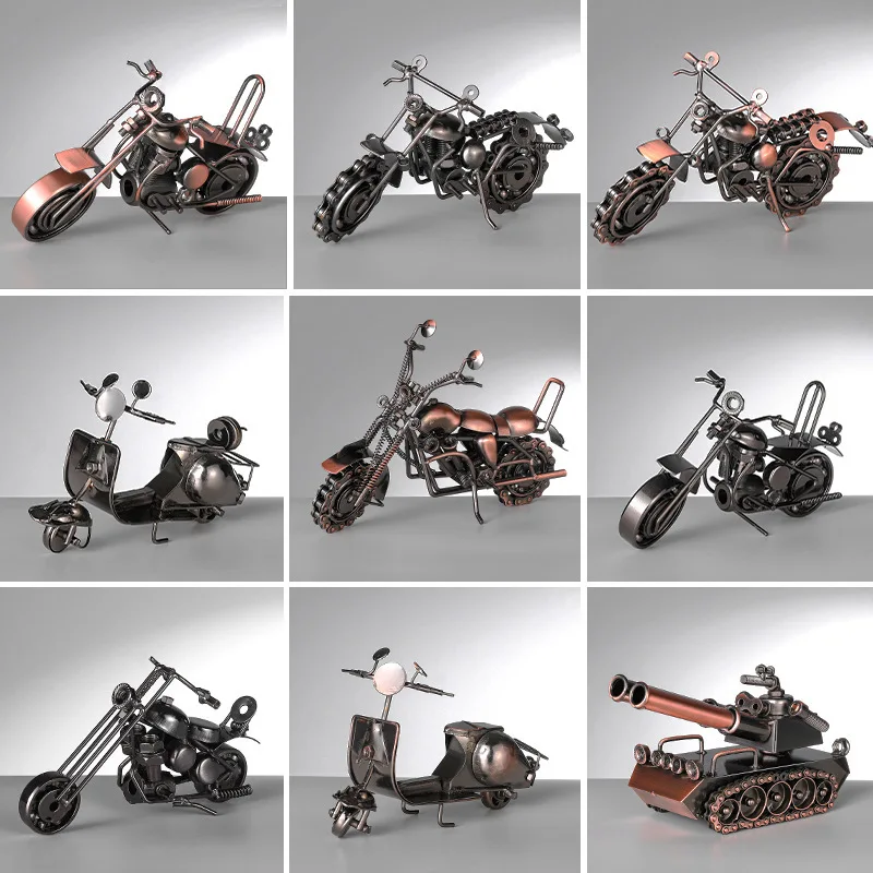 Metal Retro Motorcycle Model Motor Figurine Iron Motorbike Prop Handmade Boy Gift Kids Toy Home Office Decor Collection Model