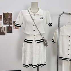 Korean Fashion Knitted Two Pieces Summer Women Academy Style Suit Short Sleeves Cropped Cardigan Top+Mini Pleated Skirt Outfit