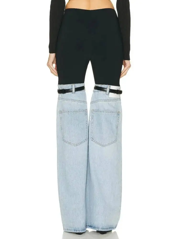 

Fashion Women's Jeans High Waist Straight Patchwork PU Leather Buckle Streetwear Denim Pants Spring 2025 New Trend 17AB81S
