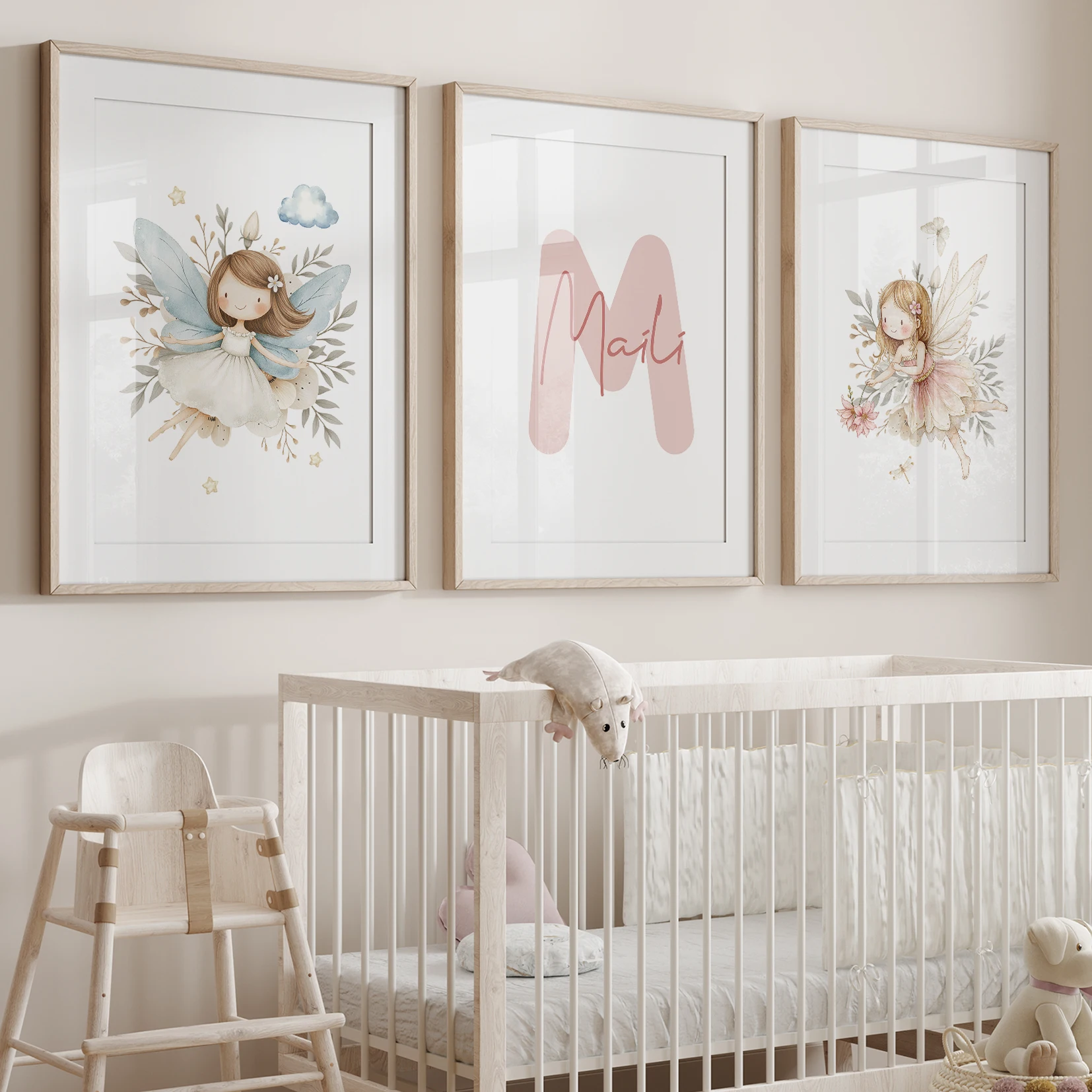 

3pcs Personalized Name Custom Pink And Blue Cute Flower Elves Butterfly Wall Art Print Picture Living Room Kids Room Home Decor