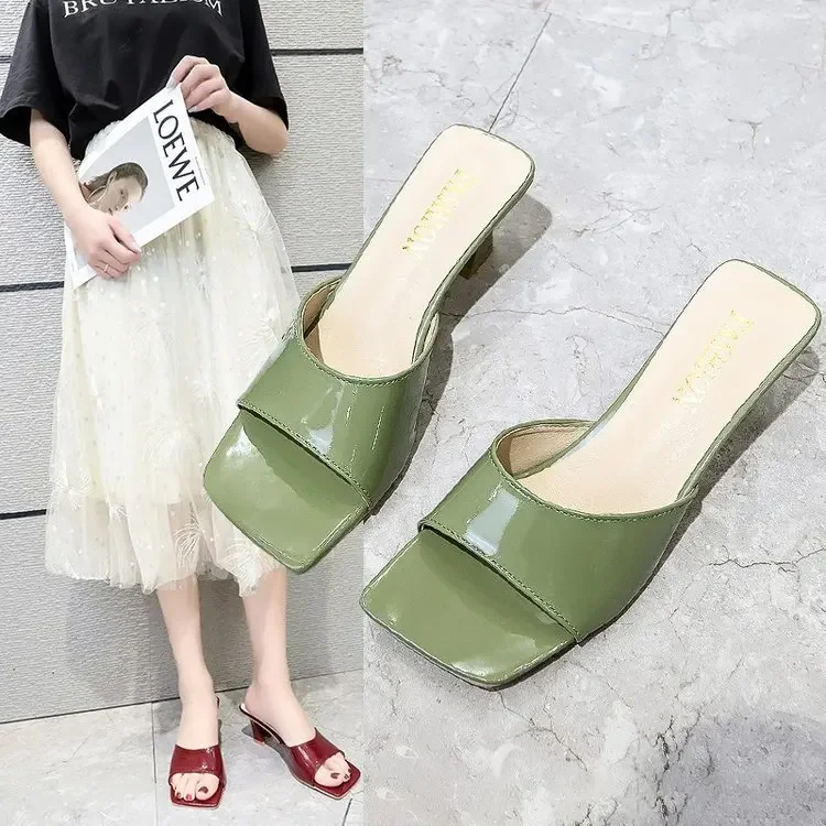 2022 Summer Women\'s Flip Flops Square Toe Ladies Heel Mules Sexy Thick Heel Heels Sandals Slippers Female Fashion Woman Shoes