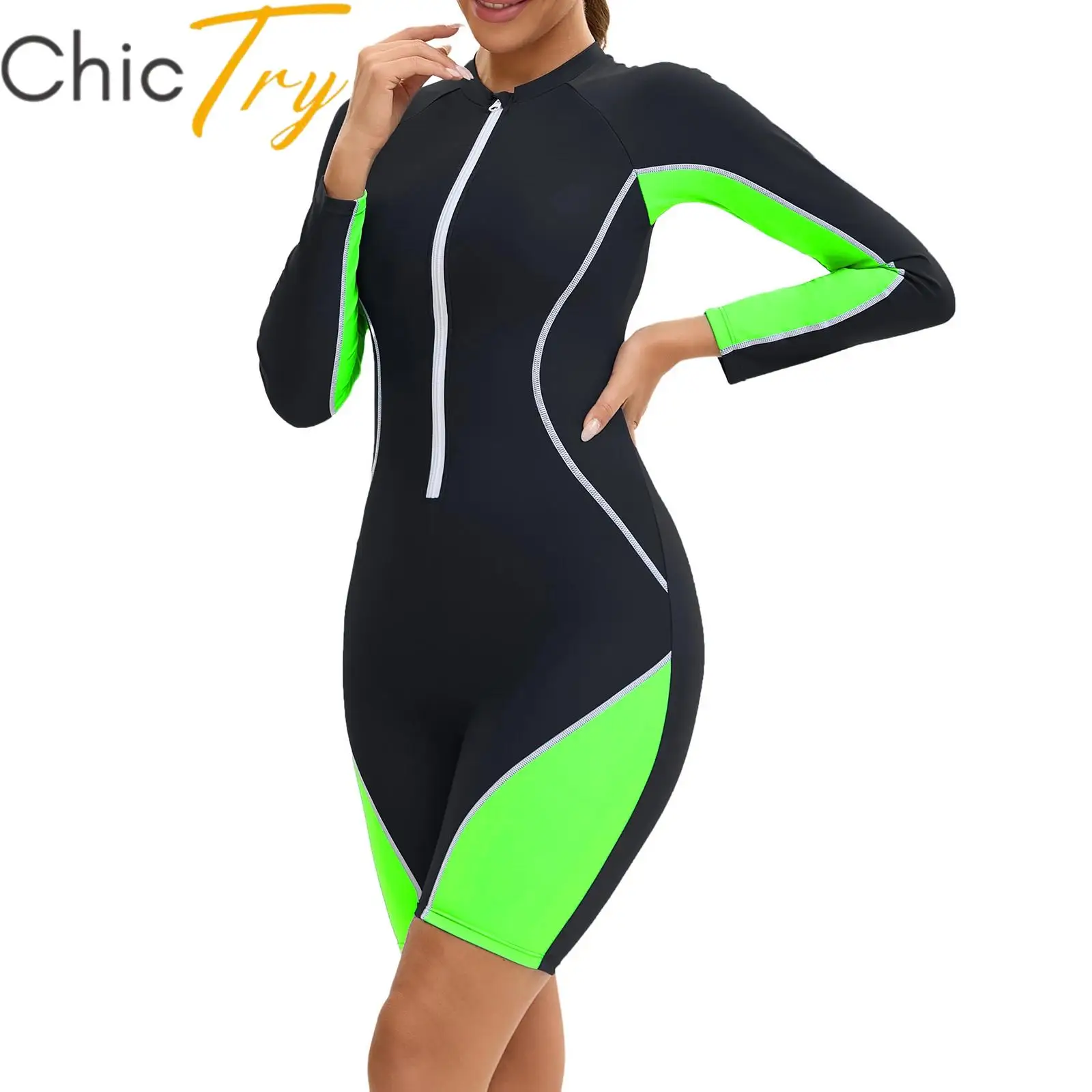 

Women Swim Leotard Long Sleeves Chest Pads Boyleg Shorty Romper One-piece Athletic Swimsuit Summer Holiday Swimwear Bathing Suit