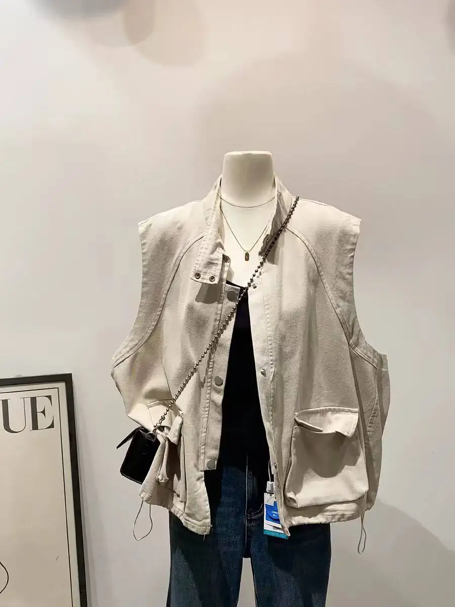 

2026 Chic Simple Stand Collar Cargo Vest for Women Spring Summer Solid Cropped Sleeveless Waistcoat Casual Layering Outerwear