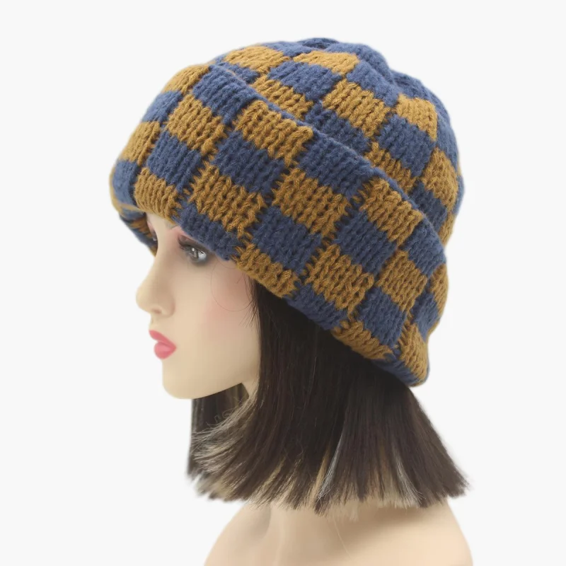 Schachbrett-Strickmütze, Herbst und Winter, koreanischer Stil, Nische, großer Kopfumfang, Wollmütze, japanischer Stil, Weihnachtsmütze – Detail 14