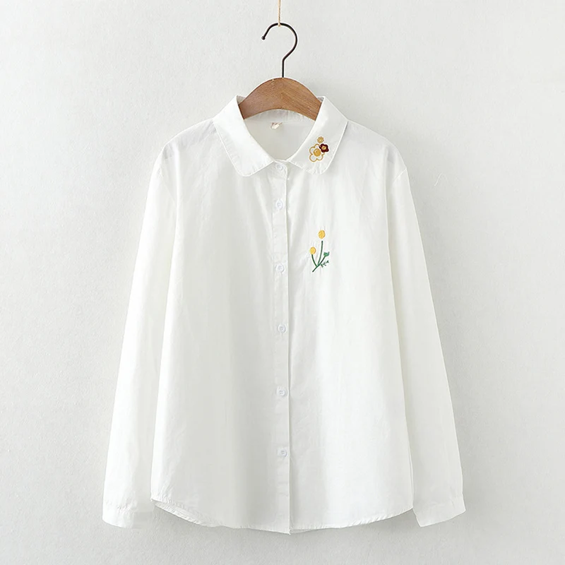 Spring Autumn Casual Outfit Cotton Embroidery Sunflower Shirt Women White Color Long-sleeved Tops Blusas Femininas Roupa U289