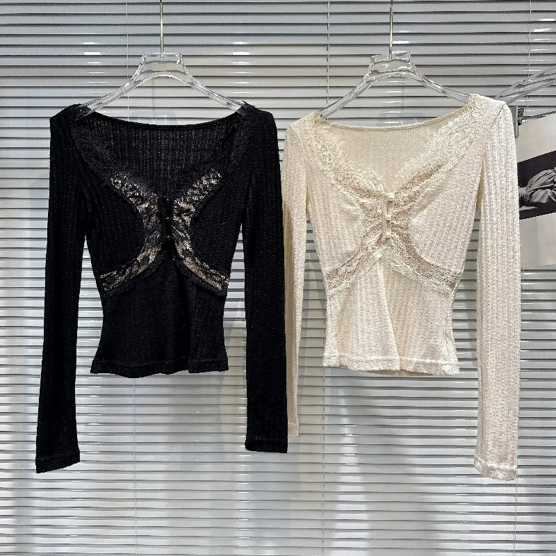 Women Y2K Coquette Lace Splicing V Neck Long Sleeve Top Knit Slimming Waist-cinching T-shirts Vintage Button Decor Going New