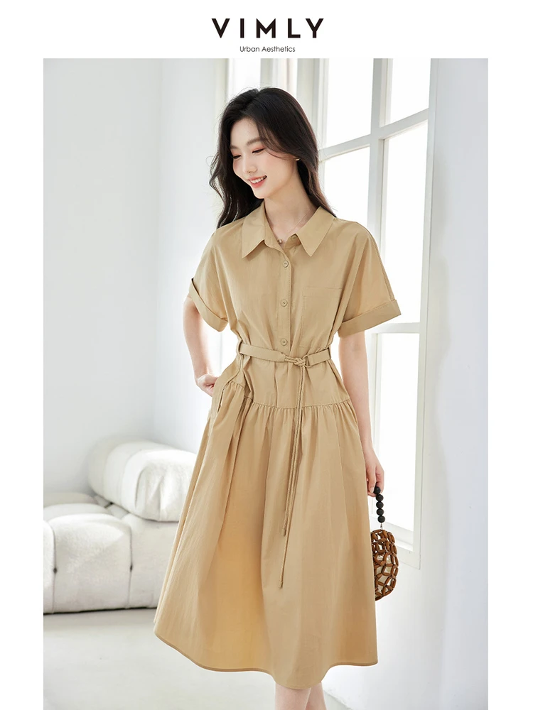 

VIMLY Women's Elegant Office Work Dress Summer Lapel Neck Short Sleeve Solid Mid-calf Dress Waisted Party Vestidos With Belt