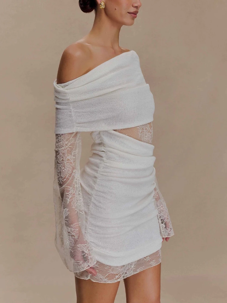 Missuoo 2026 élégant femmes robe en dentelle épaule froide manches longues coupe ajustée Mini robe femme élégante tricoté robes de vacances