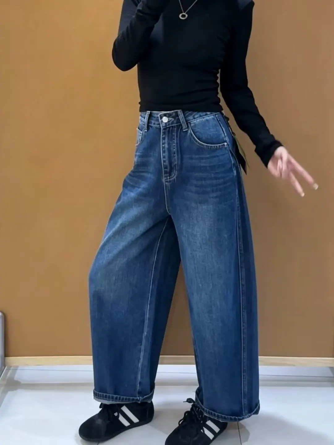 Retro Blue Knife Denim Jeans Women's Wide Leg Pants Hiding Hip Pear Shape Small Size Slimming Trousers Natural Waist