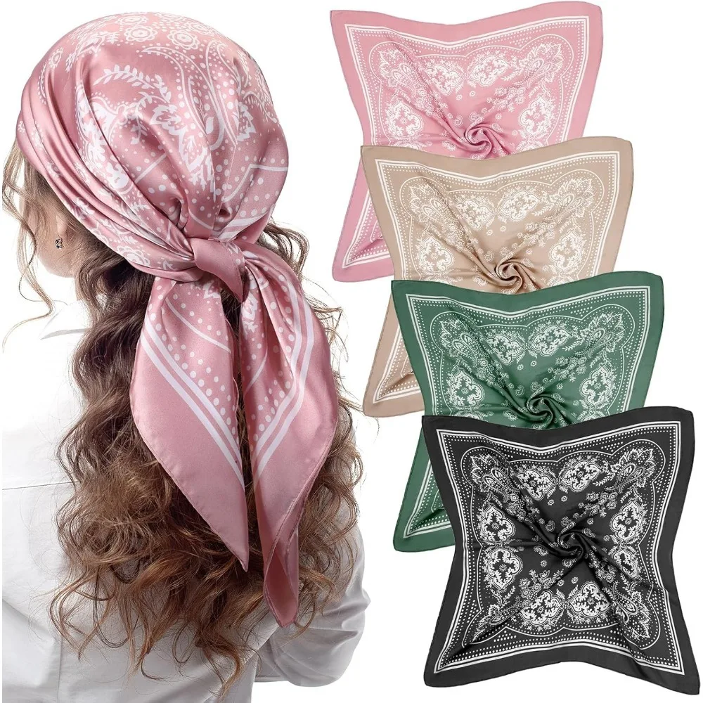 

4 Pcs 27'' Square Satin Head Scarves Satin Bandanas for Women Halloween Headband Silk Feeling Scarves Boho Headwear