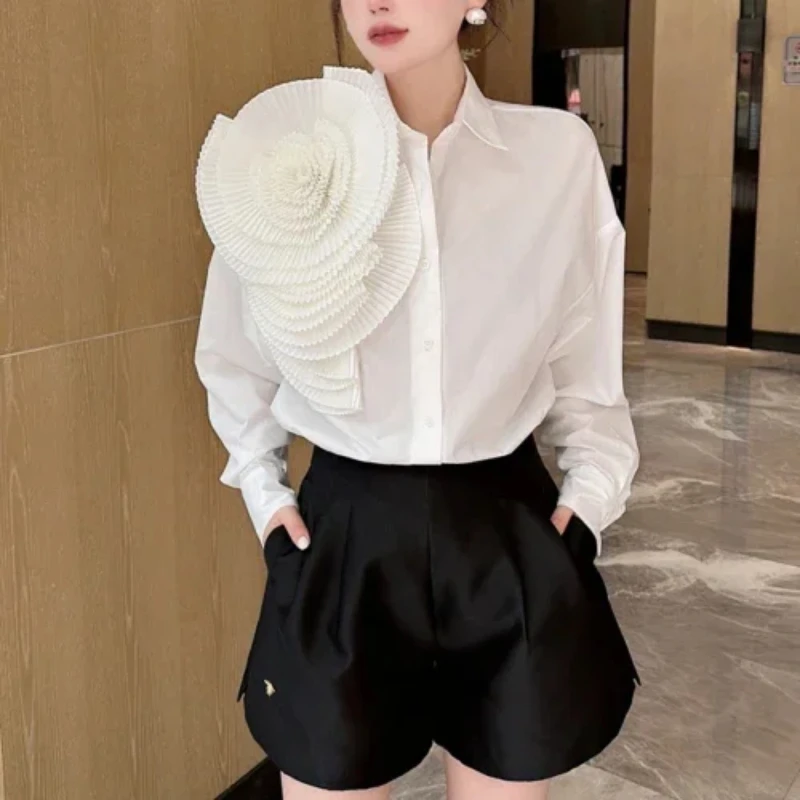 2024 New Summer Blouse for Women Elegant Floral Shirts Oversized Tops Long Sleeve Fashion Pleated White Casual Blouses