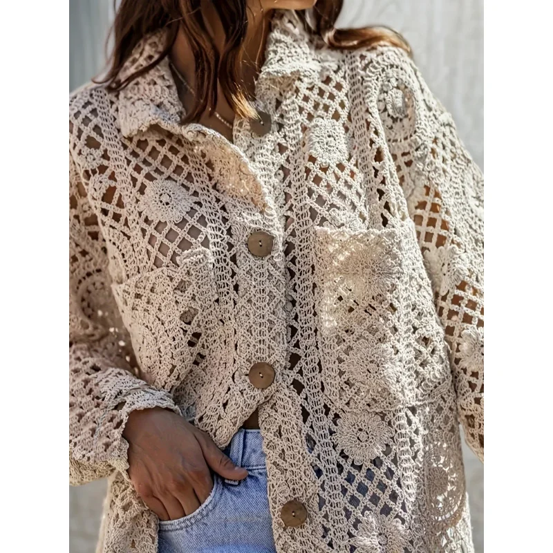 Women Collared Floral Granny Square Crochet Shirt Long Sleeve Wooden Button Front Pocket Hollow Open Knit Boho Oversized