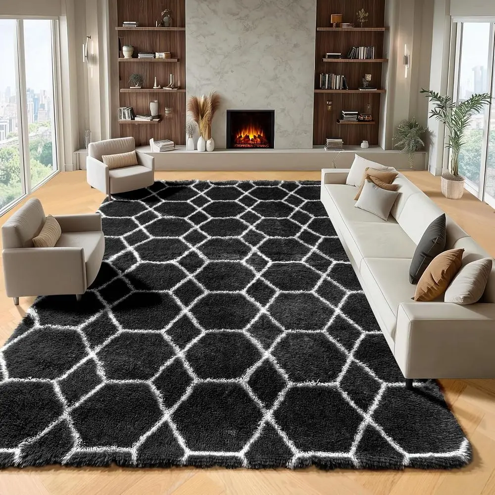 

8x10 Area Rugs or Living Room, luy Black and White Bedroom Rug, Geometric Boho Large Sot Plush Shaggy uzzy loor Carpet or Nurser