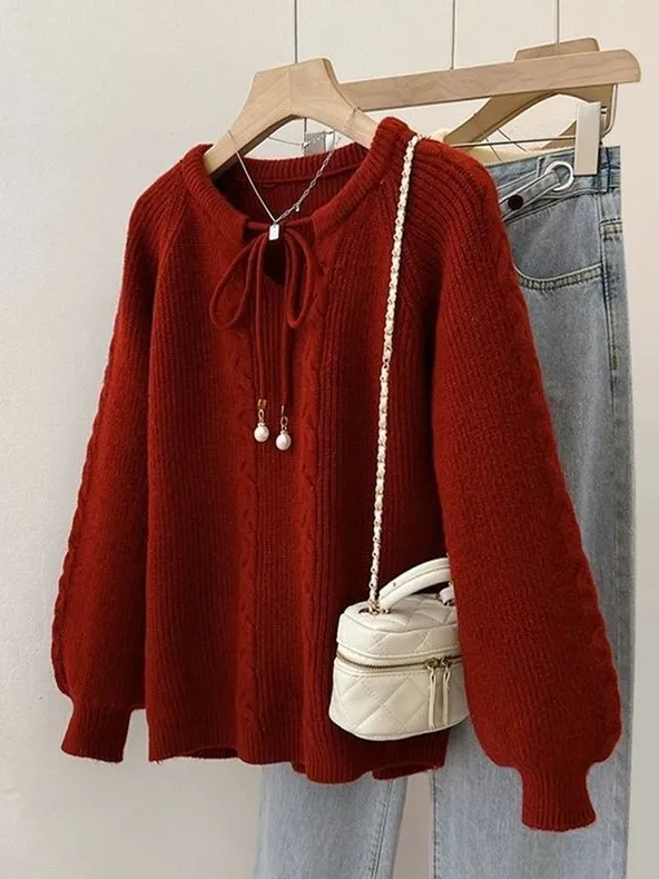 

Вязаный свитер большого размера с поясом, утепленный, женский, осенне-зимний, красный, новогодний, милый, повседневный, свободного кроя, топ