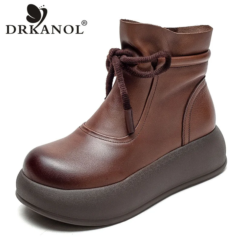 

DRKANOL Women Genuine Leather Wedges Heel Boots Handmade Retro Style Round Toe Thick Sole Platform Zipper Casual Boots H26613J