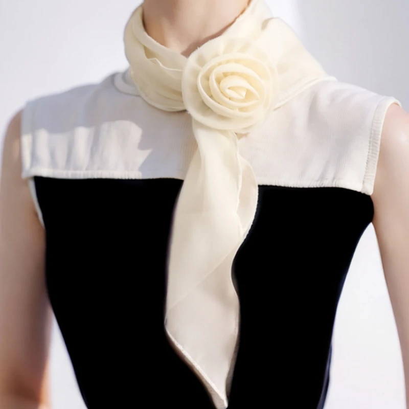 Elegant Rose Flower Neck Scarf Women Party Gown Decorative Silk Scarf Neckwear Neckwear for Party Dress Hand Tied Neckwrap Scarf