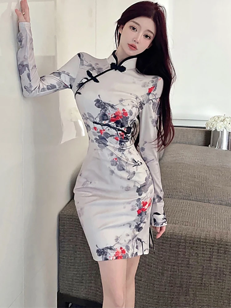 2024 weiß Floral Langarm Bodycon Mini Kleid Frauen Koreanische Vintage Cheongsam Kleid Herbst Winter Elegante Luxus Abendkleid