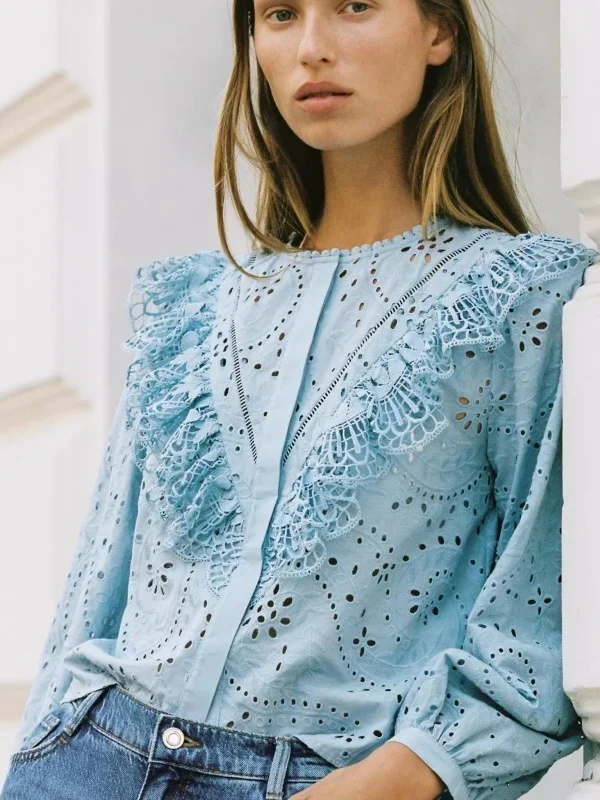 Sweet Sle Women's Cotton Long Sve Embroidered Hollow out round Ne irt Breathable Comfortable Loose Fit Fall New Arrival