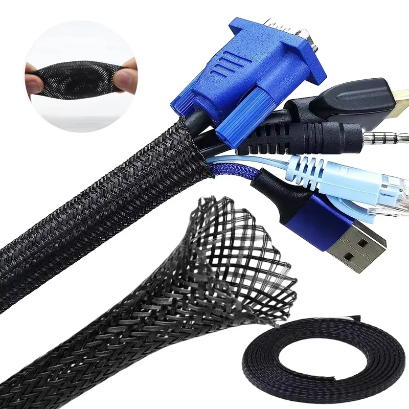 

2m PET Braided Cable Sleeve Expandable High Density Self-Closed Insulated Line Protection Wire Wrap Sheath Snake Skin For Cables