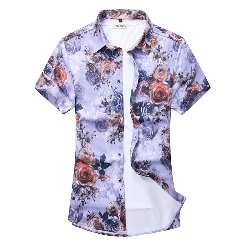 10 Different Printed Short-sleeve Shirts Men's, Single Breasted Lapel Stretch Shirt, Summer New Men Rose Shirt Camisa