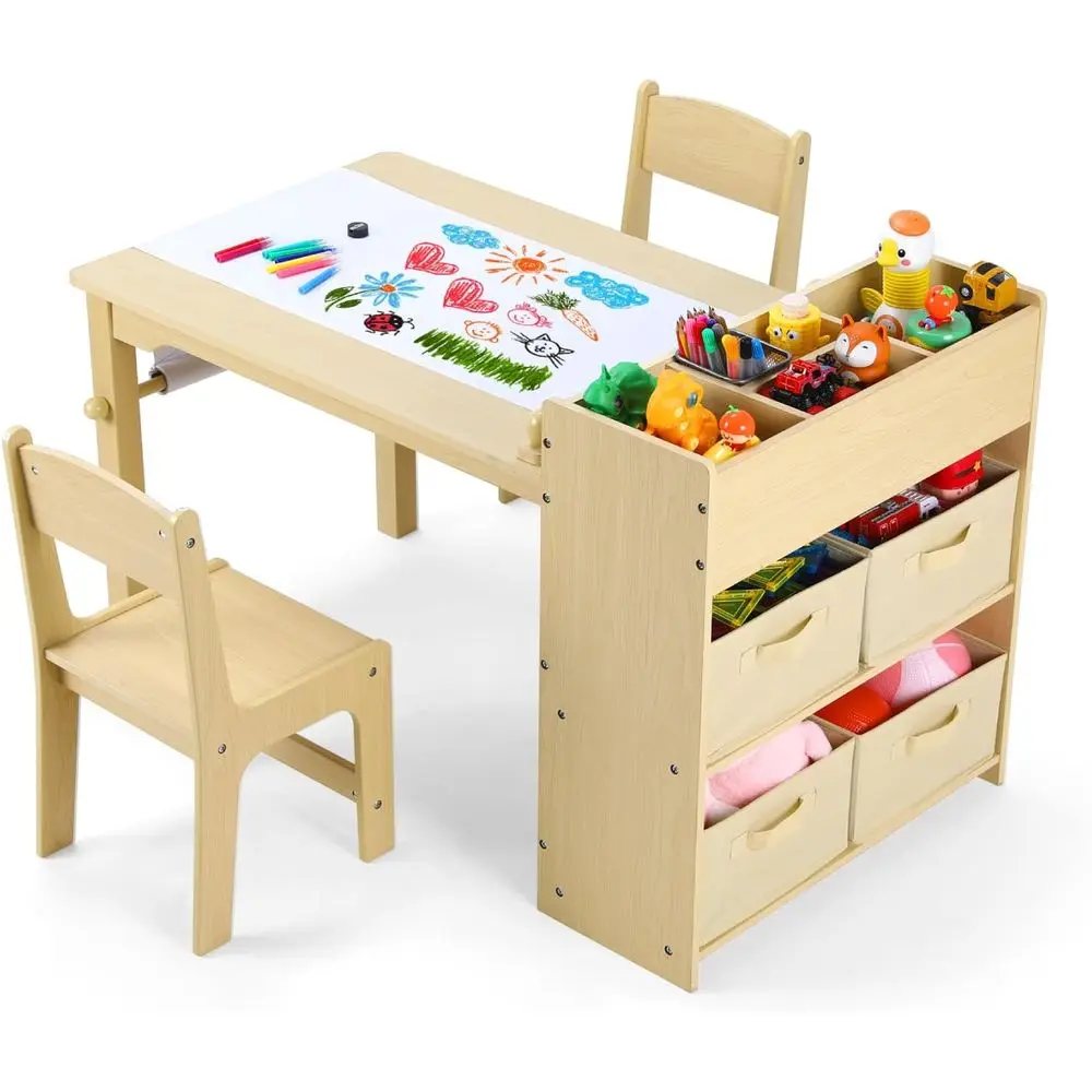 

Large Toddler Wood Art Table with 2 Chairs, Sturdy Desk for Kids, Storage and Paper Roll Holder