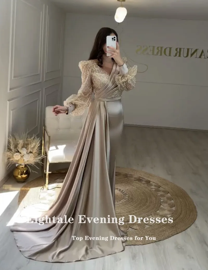 Eightale Glitter Prom Jurken Voor Wedding Satin V-hals Champagne Lange Mouwen Avondjurken Arabische Dubai Celebrity Party Dress