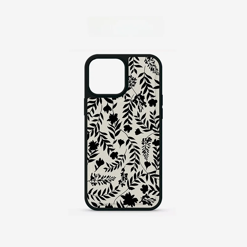 

QX Chic Black White Floral Leather Pattern Phone Case for 15 pro Max Creative Personality Protective Cover Female Model