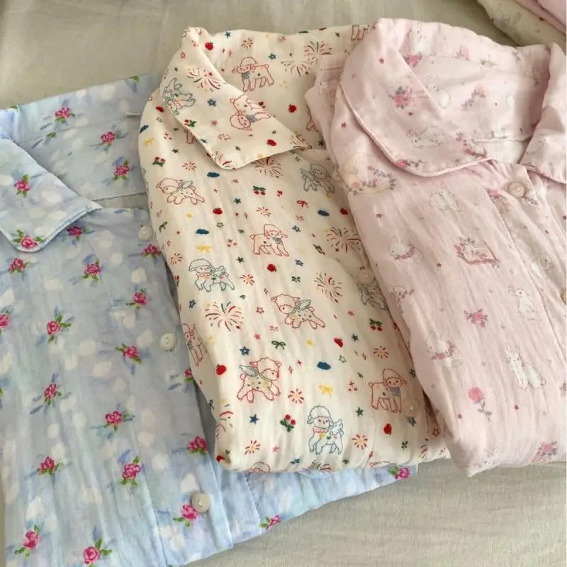 Women Cartoon Print Pajamas Set Cotton Soft Double-Layer Gauze Homewear Autumn New 2 Pcs Shirt&pants Loungewear Sleepwear