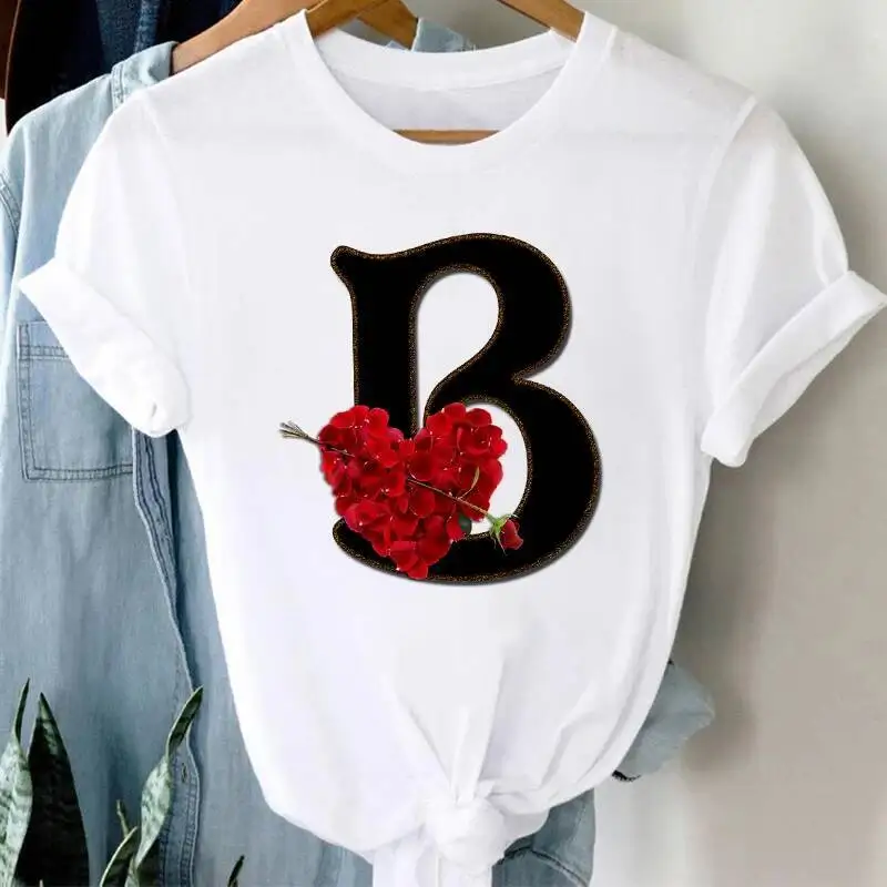 เสื้อยืดผู้หญิง รุ่น T 2021 ทรงโอเวอร์ไซส์ แฟชั่นสนุกๆ สไตล์เรโทร ลายตัวอักษรและดอกกุหลาบ คอกลม สีขาว เสื้อยืดผู้หญิง ไซส์ใหญ่พิเศษ XXXL