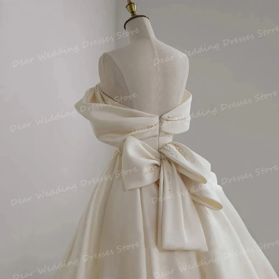 Exquisite Pleat Satin Wedding Dresses Women's A Line Sexy Off The Shoulder Backless Bow For Bridal Ball Gowns Sweep Train Formal