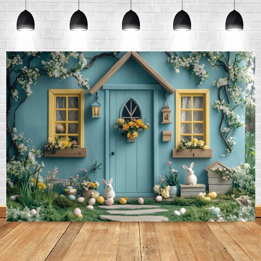 Easter Cottage Background Bunny Painted Eggs for Spring Photography Children's Kid Portrait Festival Decor Backdrop Photo Studio