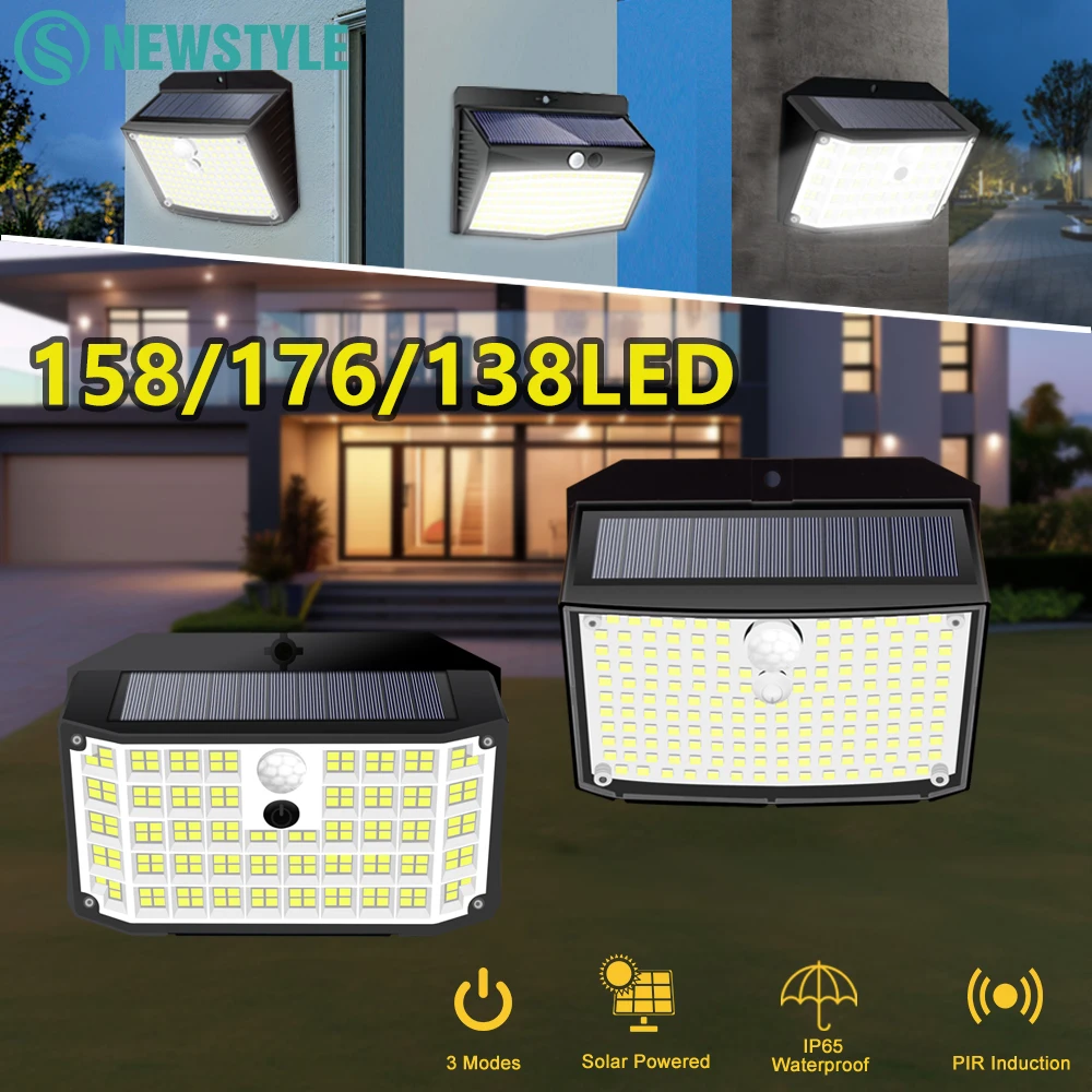 New Solar Motion Sensor Lights 176/158LED Outdoor Waterproof Wall Lights 3 Modes Solar Security Lights Fence Yard Garage Deck