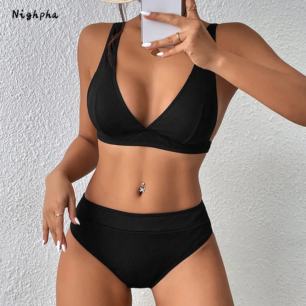 Nighpha Women\'s Solid Color Push Up Bikini Swimsuits Deep V Neck High Waisted 2 Piece Bathing Suit Beach Swimwear 2023 Women