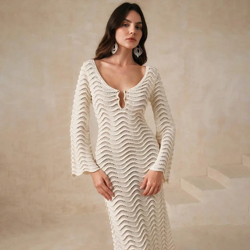 Women Knitted Beach Cover Up, Dress Hollow Out Bikini Swimwear, Coverup Sun Protection Long Sleeve, Crochet Bathing Suit Robe