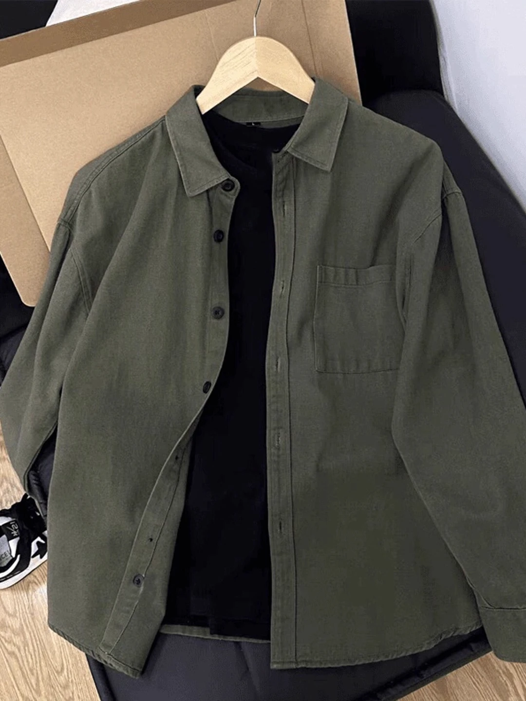 

Olive een Pure Cotton Workwear irt Men's Long Sve Collared Loose Fit Autumn Outerwear Cleanfit Youthful Casual irt