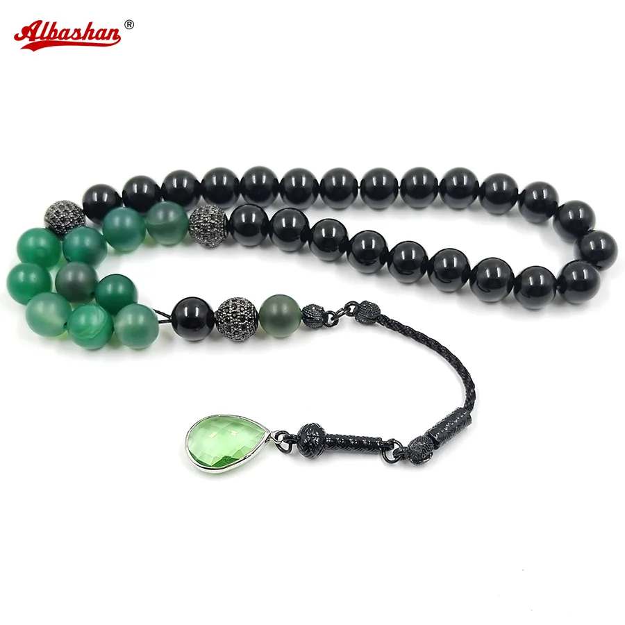 

Tasbih Natural Black Agate with green agate stone Muslim misbaha 33 prayer beads Eid ADHA gift accessories turkish on hand