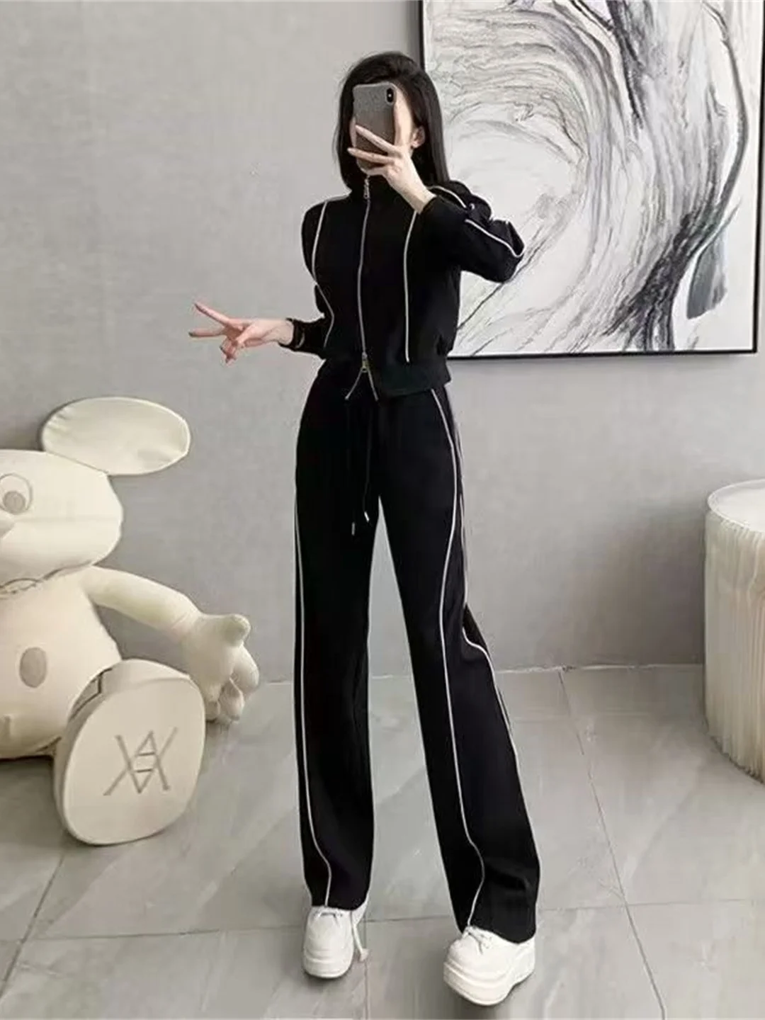 Fashionable Sportswear Set Women's Korean Version Stand Collar Open Cardigan Sweatshirt Casual Pants Stylish Two-Piece Suit