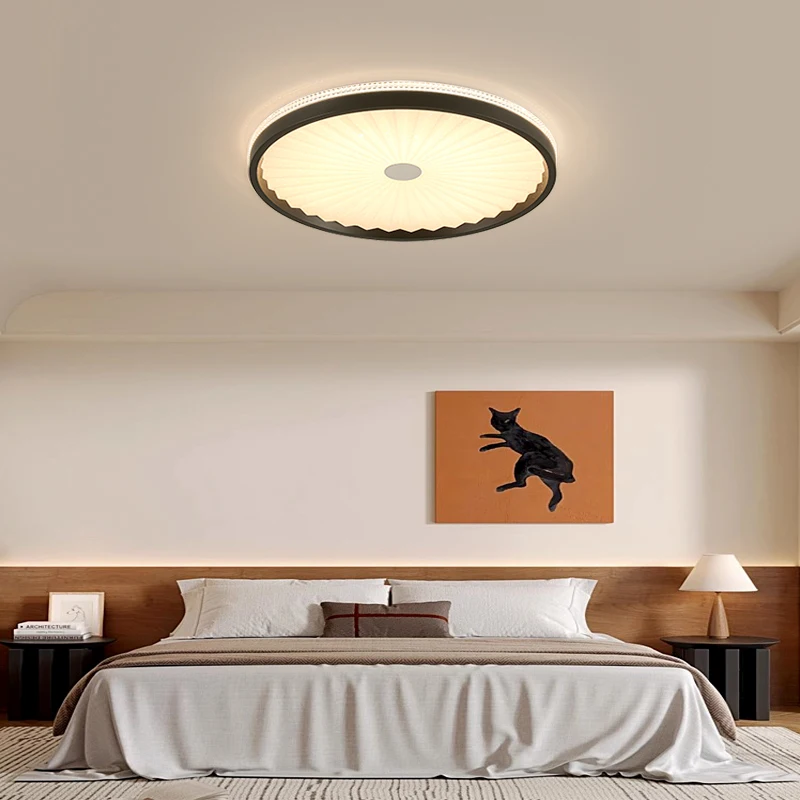 Bedroom Ceiling Lamp LED Eye Protection Round Pleated Dining Room Lamp Medieval Wabi-sabi Style Walnut Color Tea Room Study Lamp