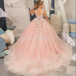 Luxury Pink Tulle Puffy Kids Dresses For Party Wedding Flower Girl Dress Sleeveless Communion Princess Ball Gowns Prom Wear