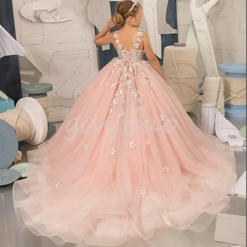 Luxe Roze Tule Gezwollen Kids Jurken Voor Feest Bruiloft Bloemenmeisje Jurk Mouwloze Communie Prinses Baljurken Prom Wear