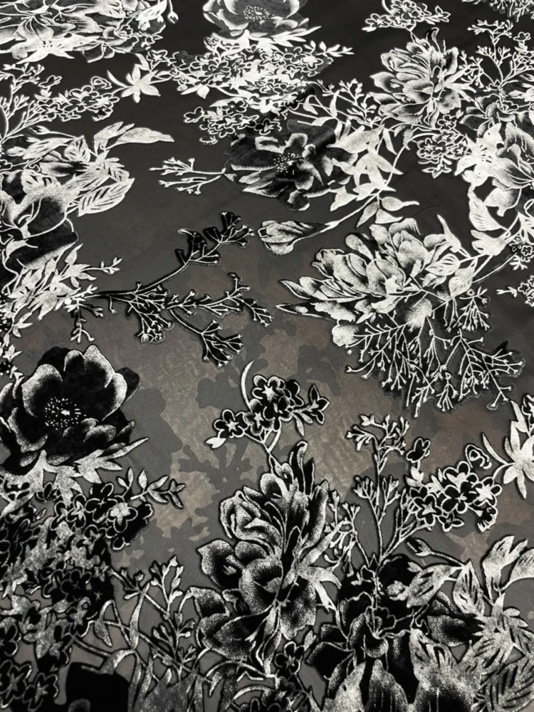 Mulberry Silk Velvet Burnout Fabric Black Grey Gradient Chinese Style for Cheongsam Qipao Dress Material