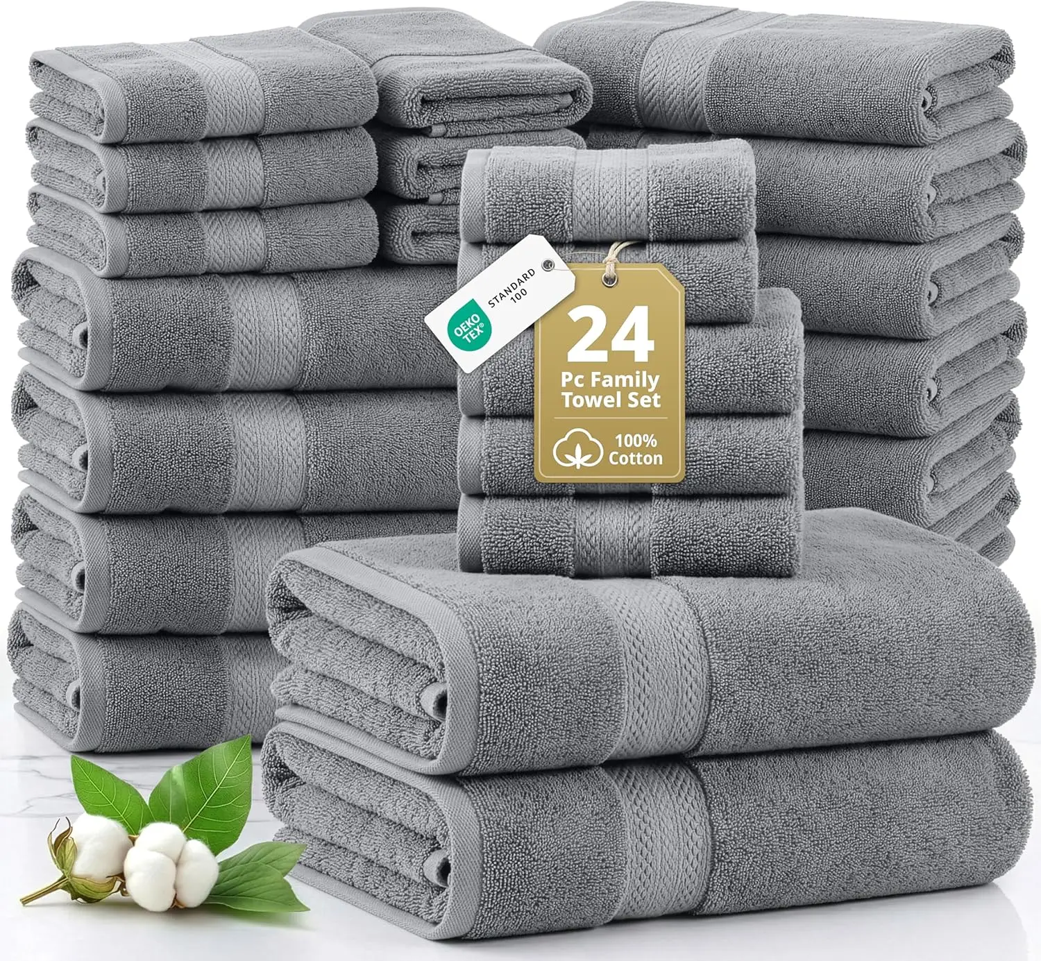 

24-Piece Bath Towel Set - 100% Ring Spun Cotton, Quick Dry & Absorbent, Oeko-Tex Certified in Space Grey