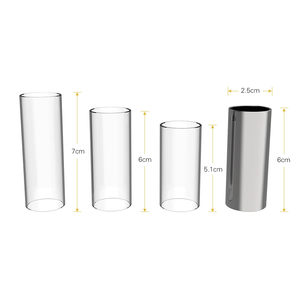 تتضمن مجموعة شرائح الجيتار 3 شرائح زجاجية (5.1 سم / 6 سم / 7 سم) + 1 شريحة من الفولاذ المقاوم للصدأ (6 سم) + 4 قطع من الإبهام السليلويد واختيار الإصبع #4