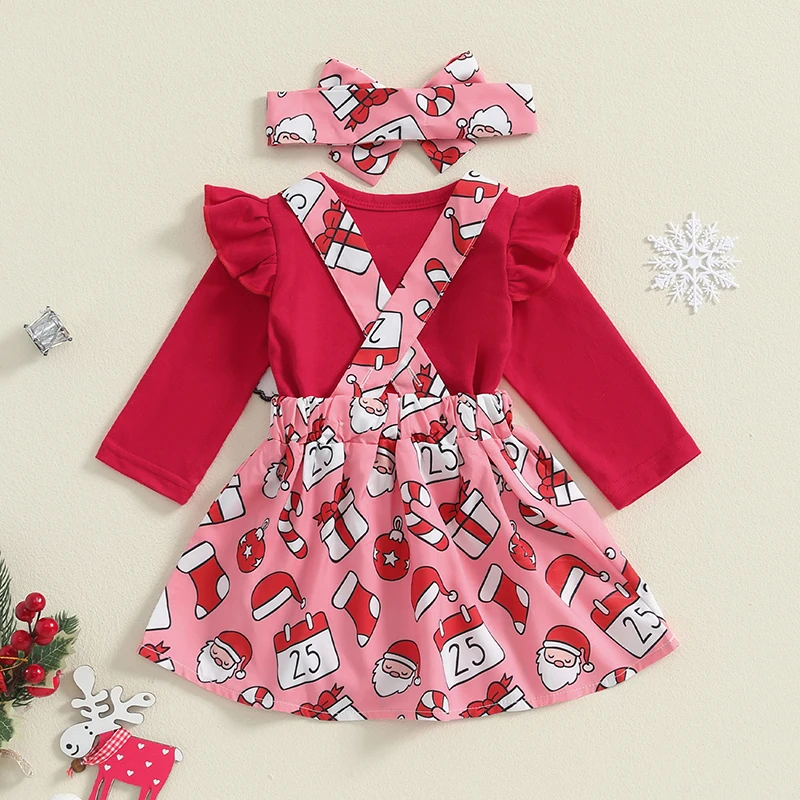 Baby Girls Christmas Outfit Long Sleeve Romper with Gingerbread Man Santa Claus Suspender Dress and Headband 3Pcs Clothes Set