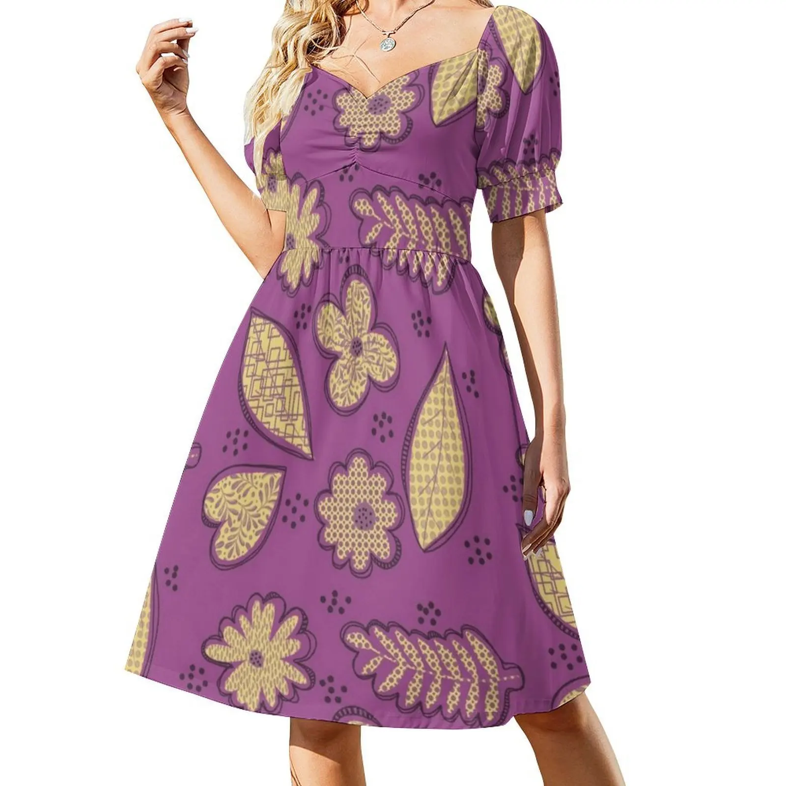 花柄マスタードイエローとパープルのセクシーな休暇ドレス女性のためのビーチパーティー誕生日ミニドレス花柄花柄
