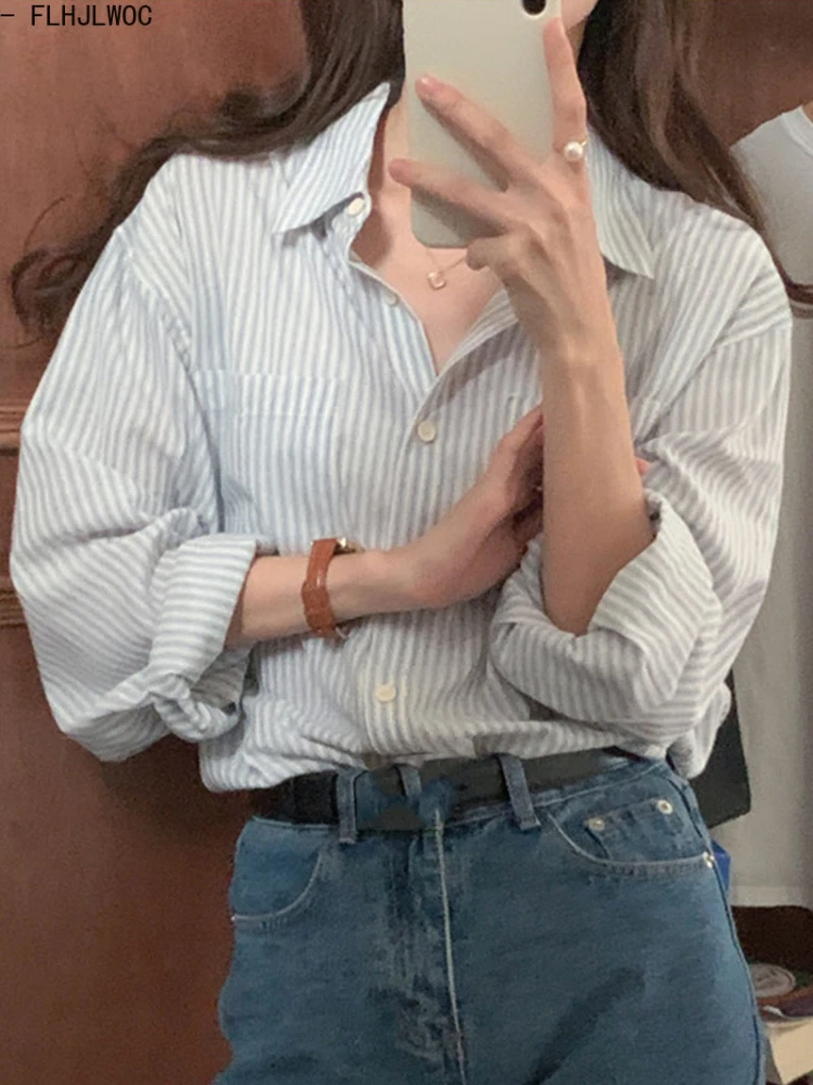 Chic Korea Cute Sweet Girls Basic Striped Boyfriend Shirts Blouses Women Japan Preppy Style Single-Breasted Button Retro Tops